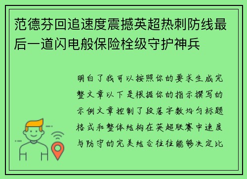 范德芬回追速度震撼英超热刺防线最后一道闪电般保险栓级守护神兵 范德芬回追速度震撼英超热刺防线最后一道闪电般保险栓级守护神兵